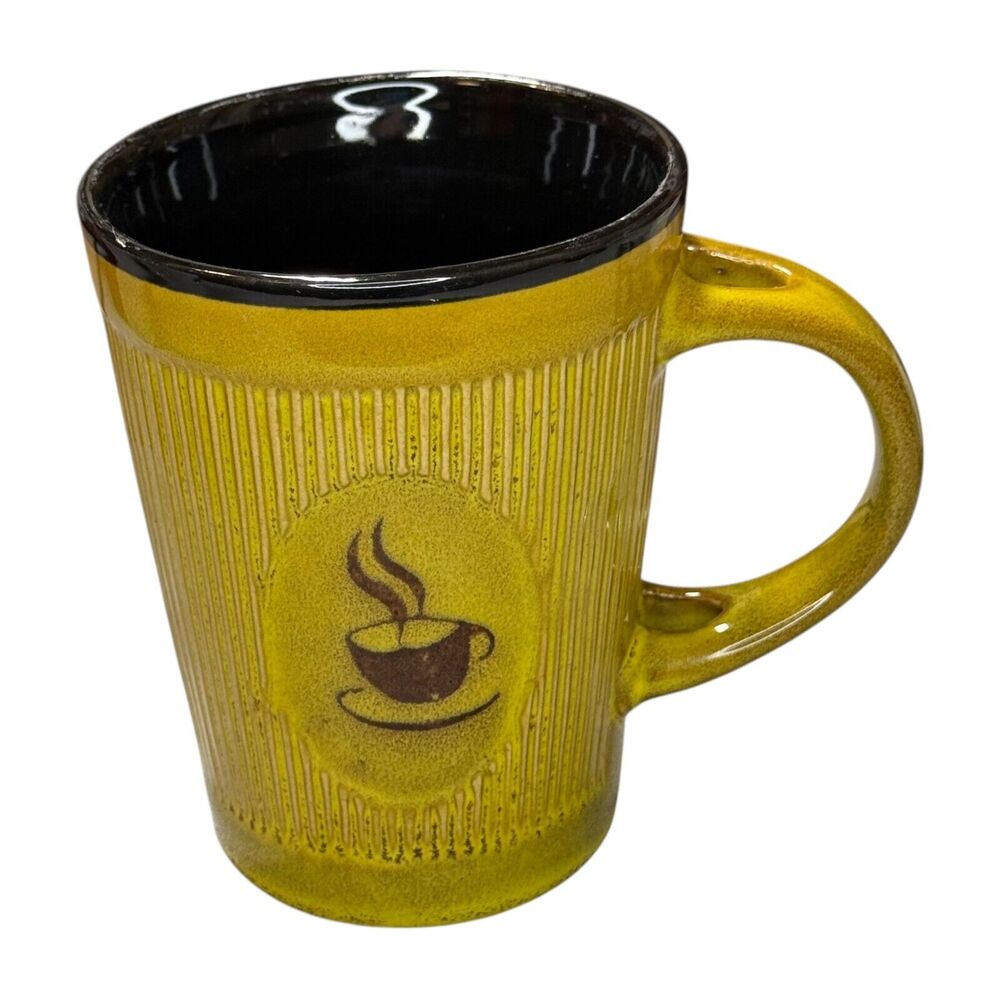 Vintage Yellow Ribbed Ceramic Tea/Coffee Mug Black Interior with Spoon Holder - Picture 1 of 5